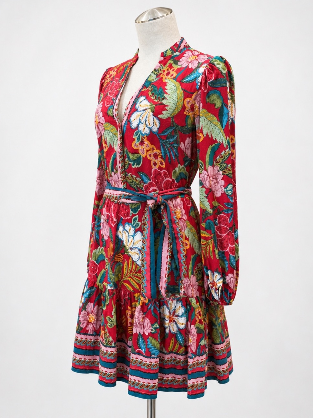 Adrianna Papell Tropical Floral Dress Tie Waist V Neck Long Sleeve Mini Red 8 - Picture 2 of 14